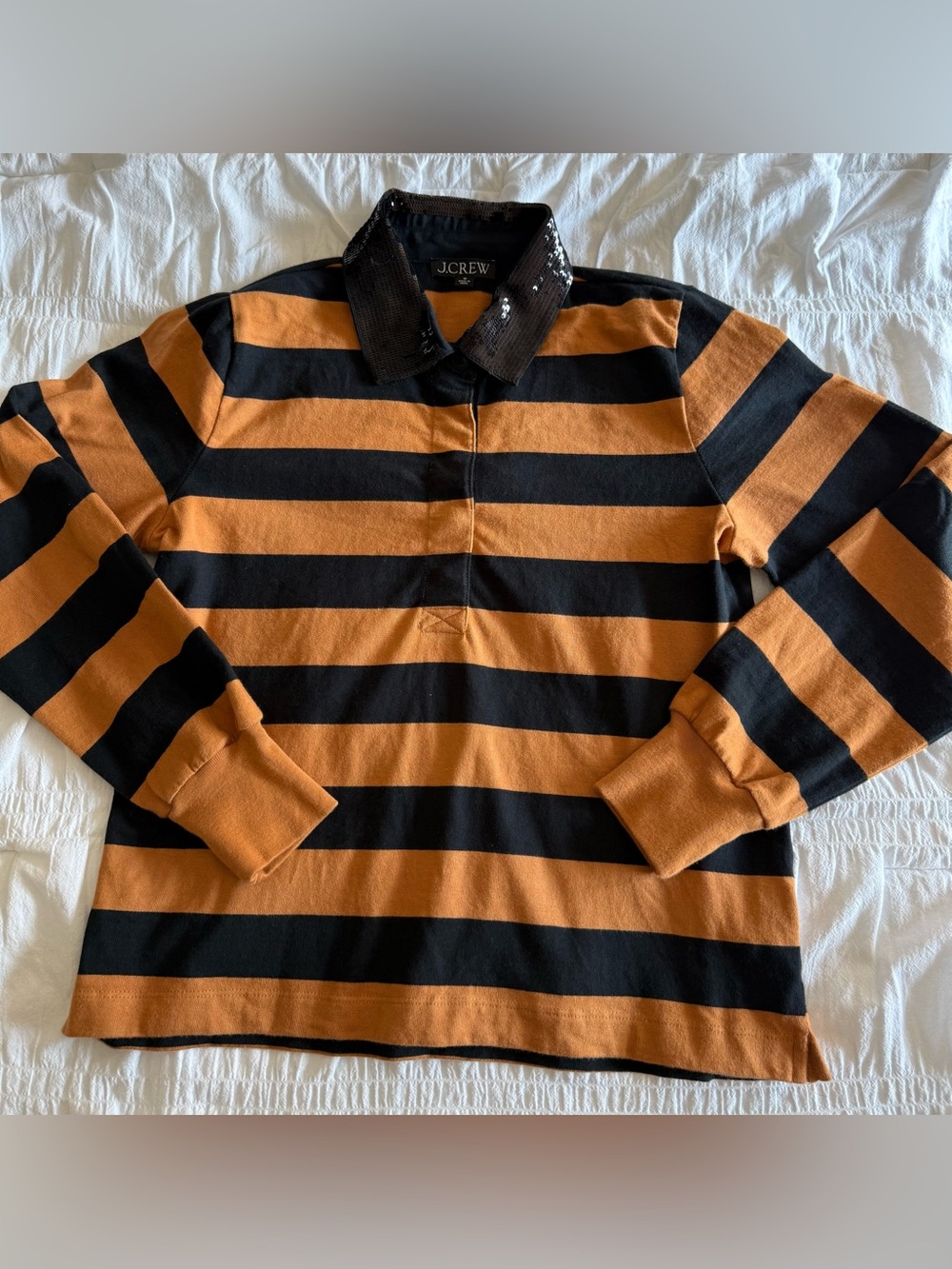 J. Crew Women’s Black and Orange Striped Rugby Polo with Sequin Collar Size M